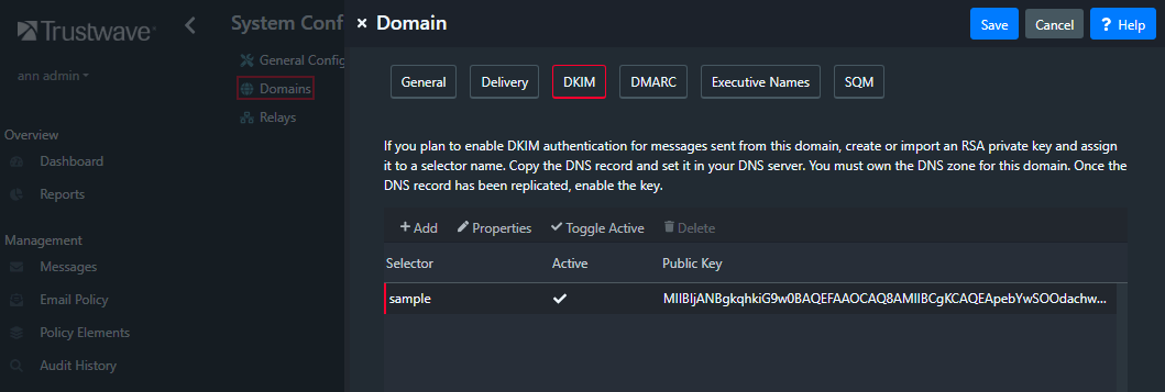 Screenshot: MM Console domain toggling DKIM active
