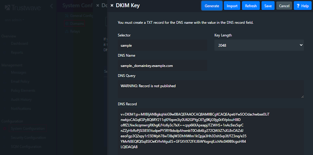 Screenshot: DKIM key generation in MM Console