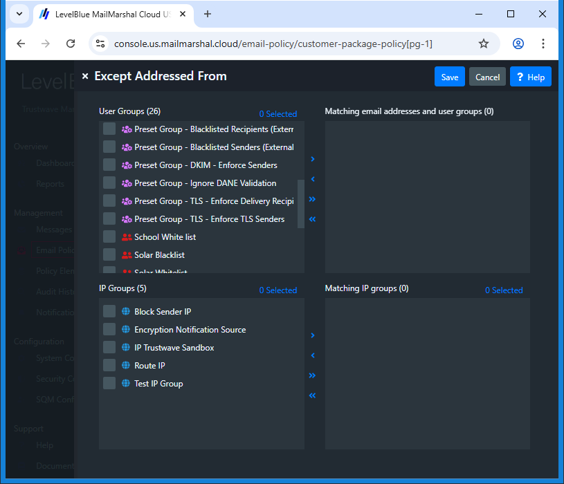 Screenshot: User Group selection