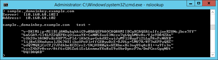 Screenshot: sample DKIM record DNS lookup