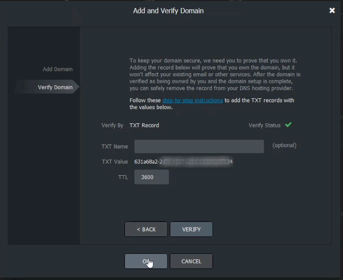 Screenshot: Domain verification in Fusion